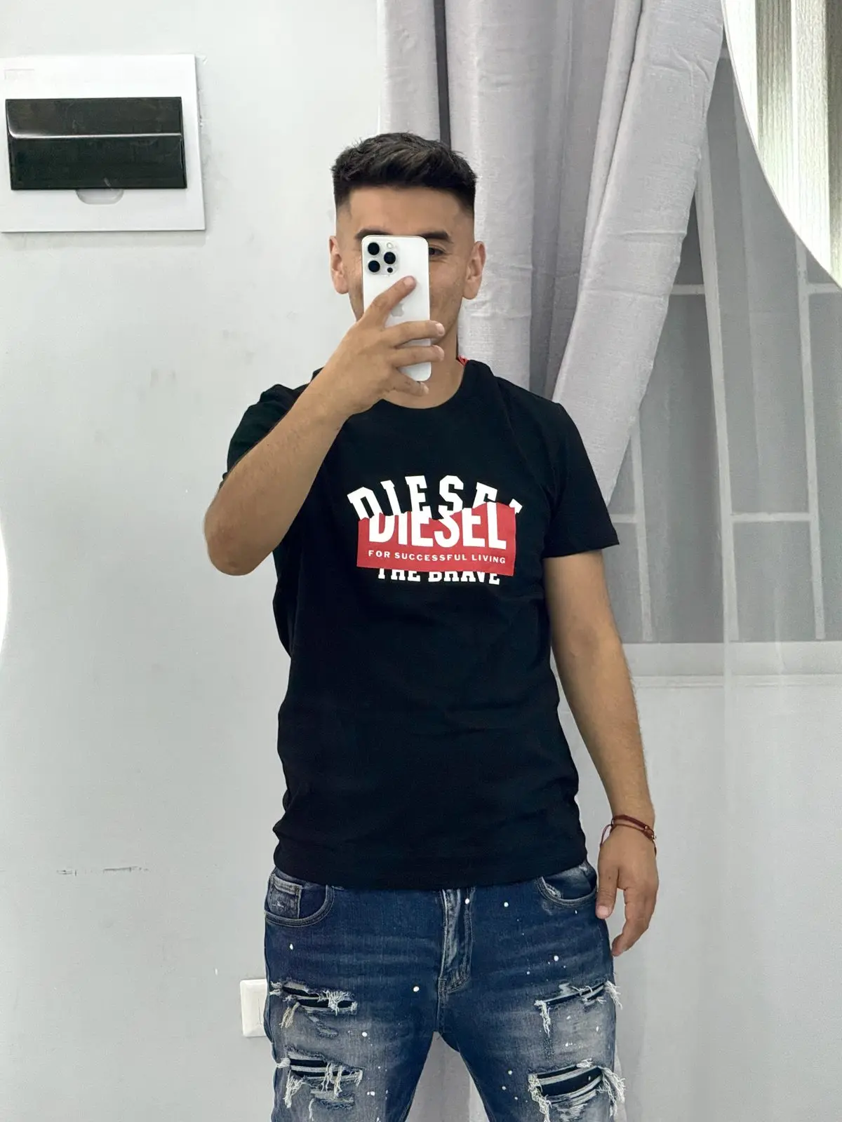 Polera Diesel Negra Logo Rojo