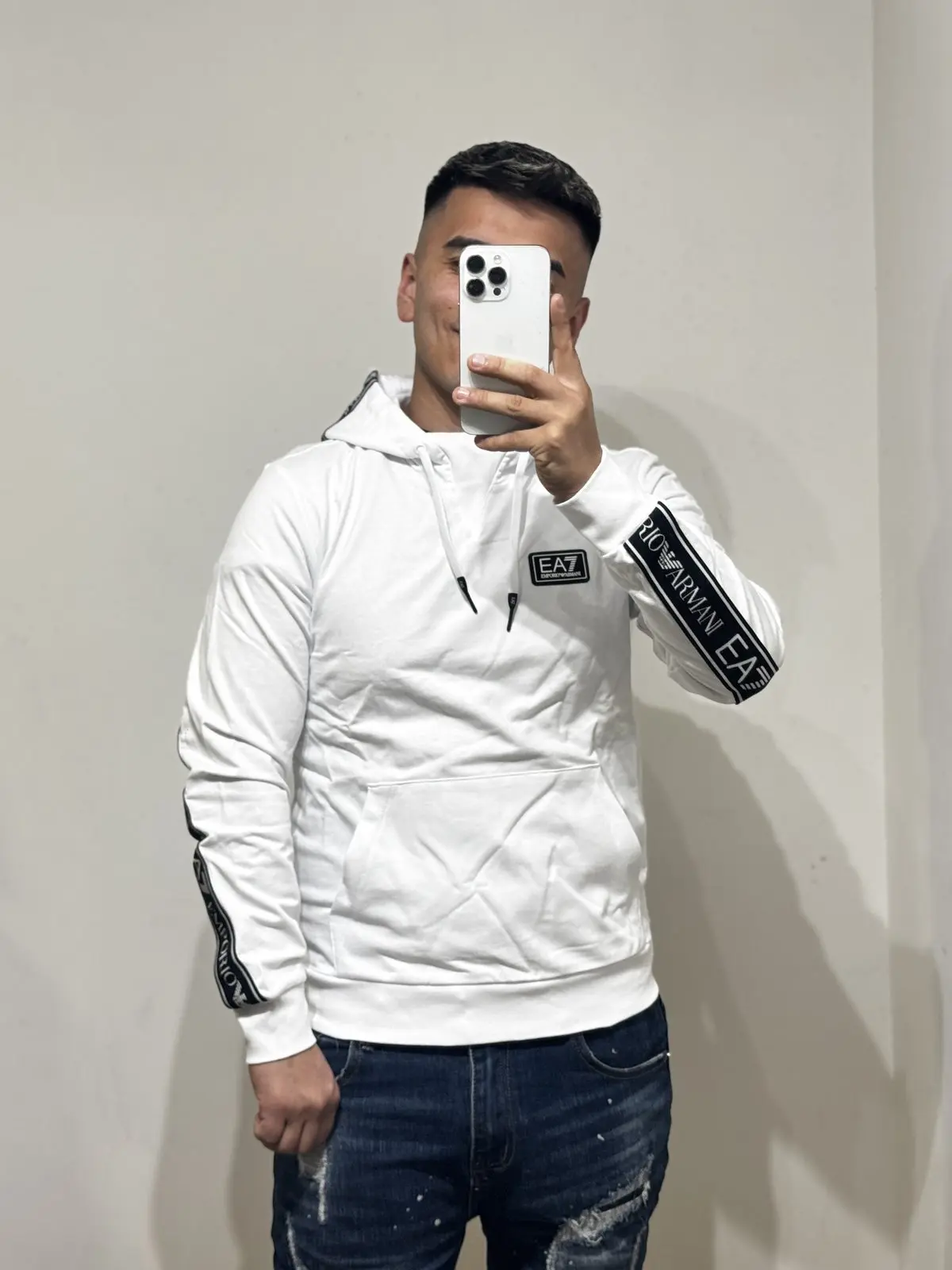 Poleron Ea7 Blanco franja espalda